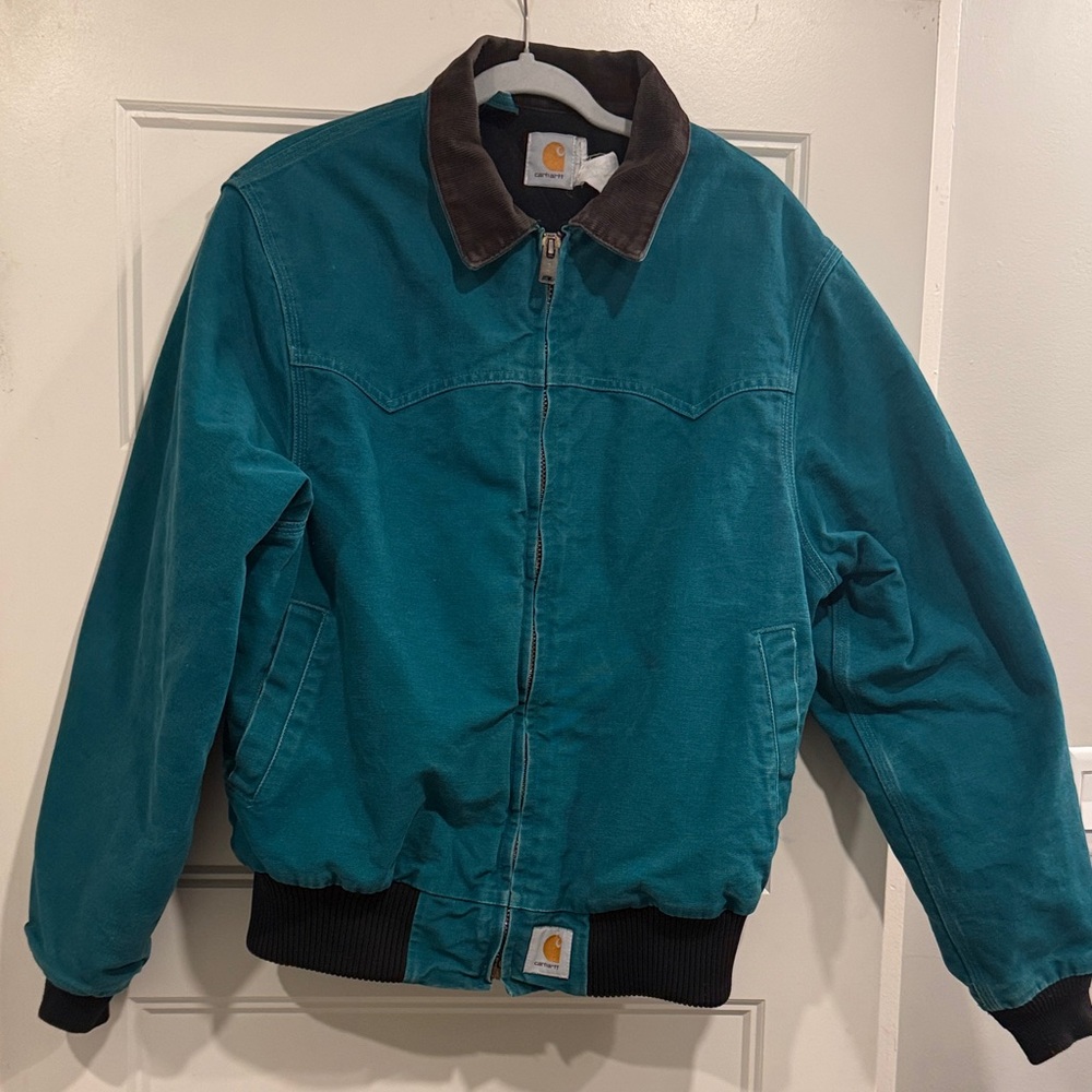 VINTAGE Carhartt Teal Canvas Jacket with Brown Corduroy Collar